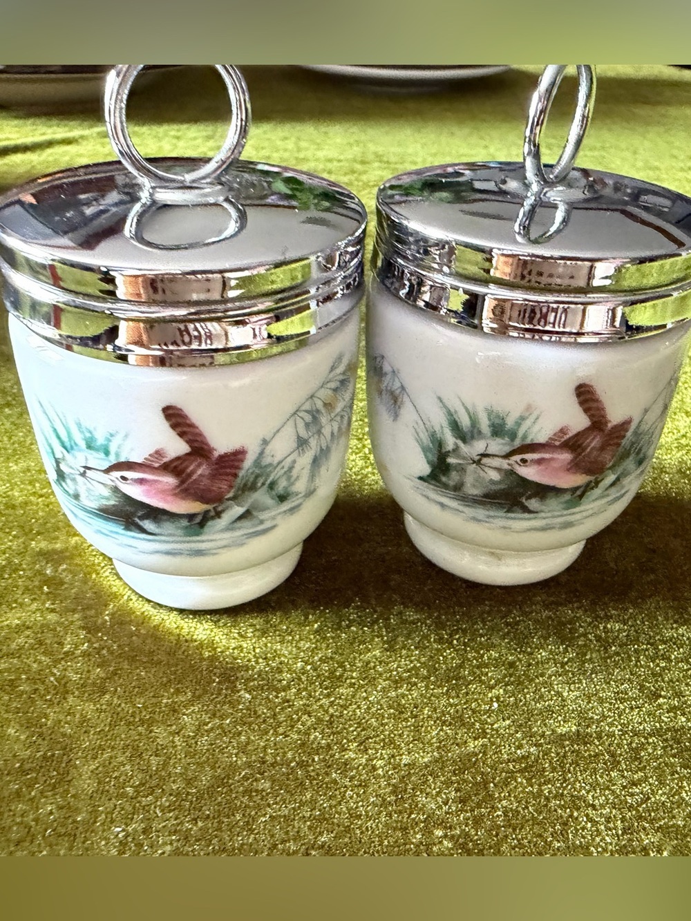 Royal Worcester Porcelain Egg Cups with Silver-Tone Lids — White, Green, Brown